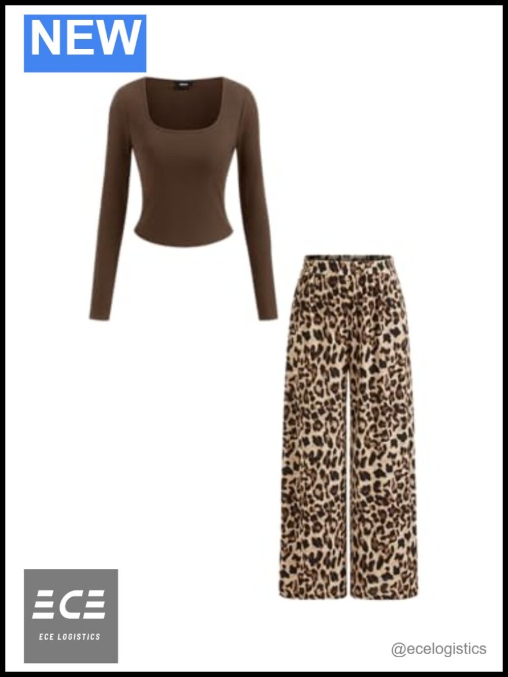 Leopard Print Wide Leg Pants Set Long Sleeve Top Built in Bra Pockets